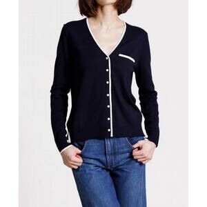 NEW MINNIE ROSE v neck long sleeve cardigan with tipping in navy
